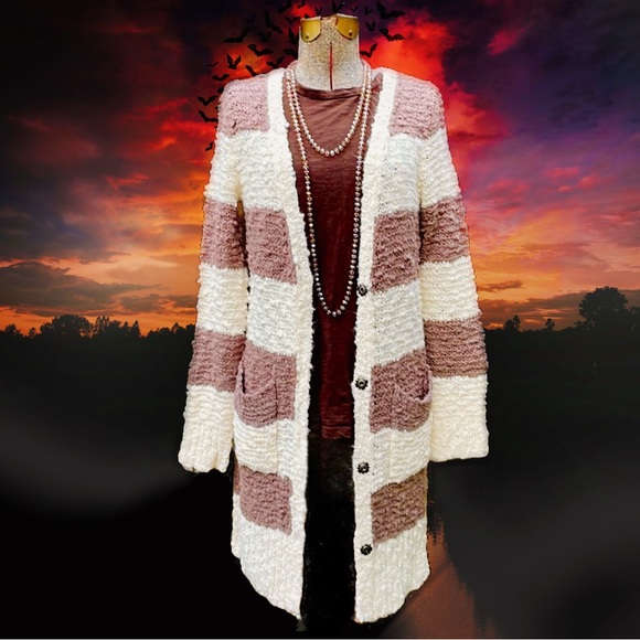 FREE PEOPLE LONG STRIPED CARDIGAN SWEATER - M 🍁🤎 - Picture 1 of 8